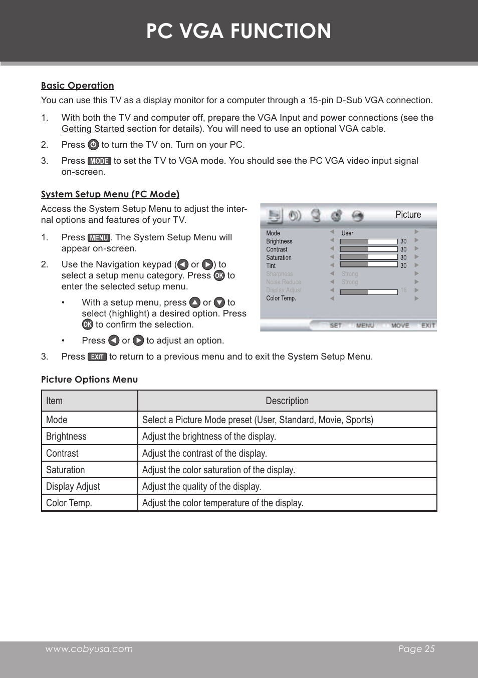 Pc vga function, Basic operation, System setup menu (pc mode) | Picture options menu | COBY electronic TF-TV3207 User Manual | Page 25 / 32