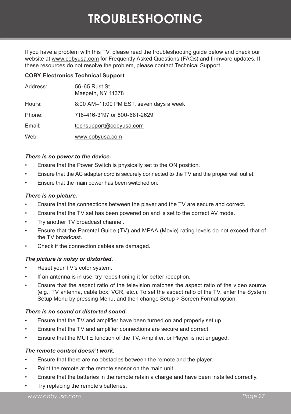 Troubleshooting | COBY electronic TF-TV3207 User Manual | Page 27 / 32