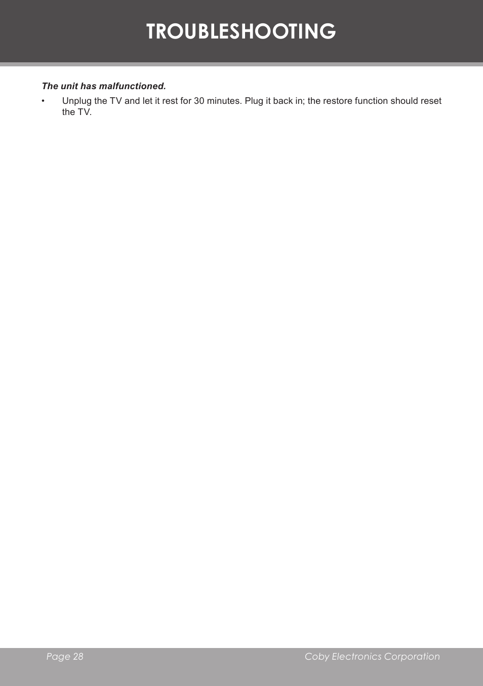 Troubleshooting | COBY electronic TF-TV3207 User Manual | Page 28 / 32