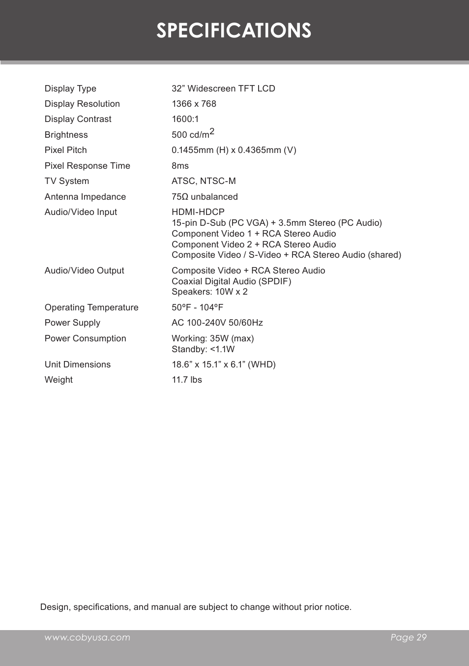 Specifications | COBY electronic TF-TV3207 User Manual | Page 29 / 32