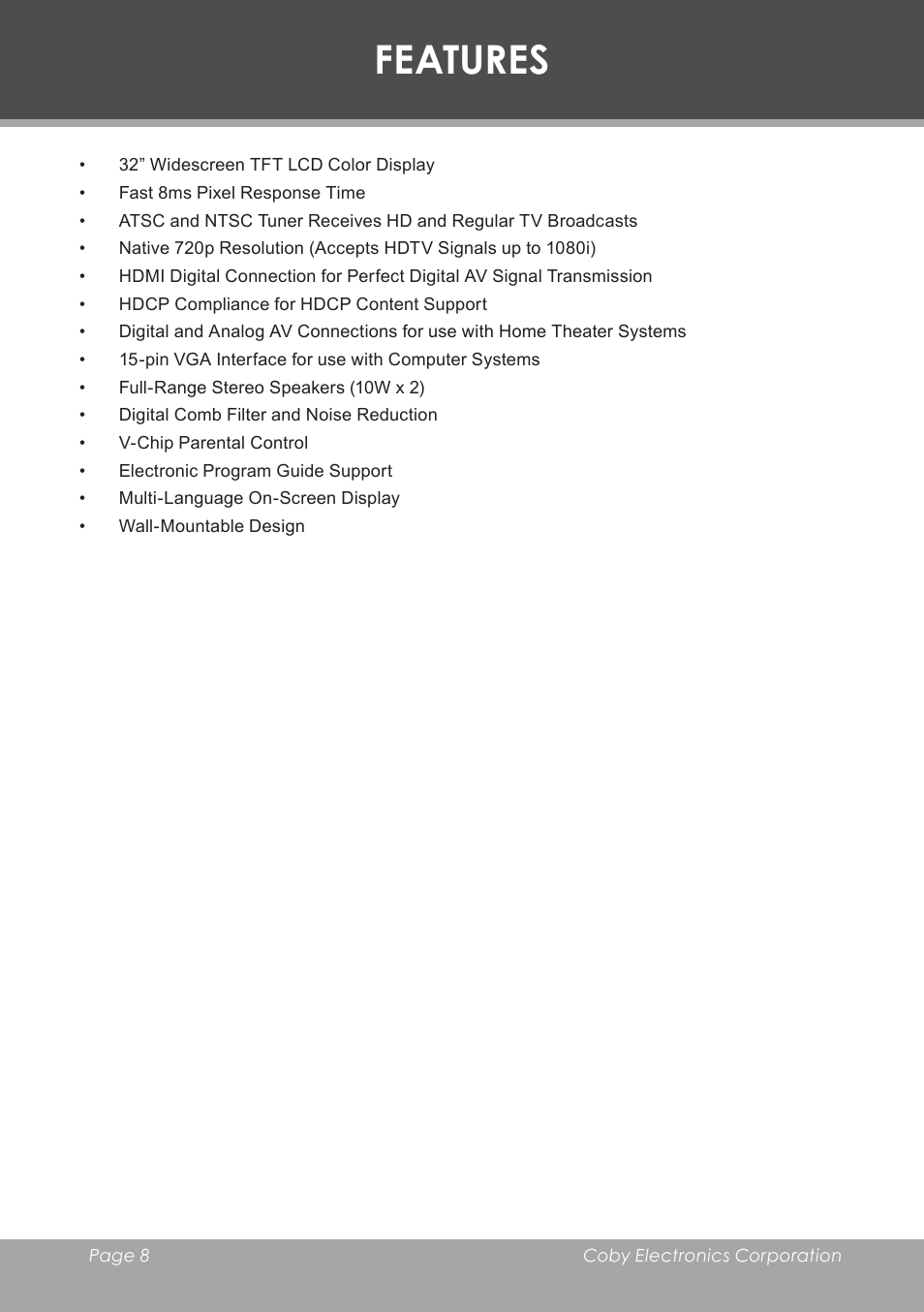 Features | COBY electronic TF-TV3207 User Manual | Page 8 / 32