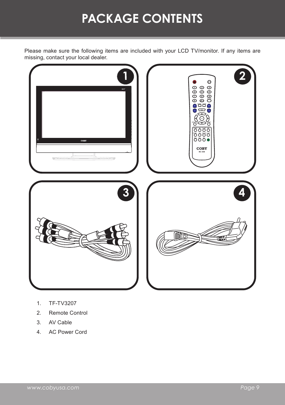 Package contents | COBY electronic TF-TV3207 User Manual | Page 9 / 32