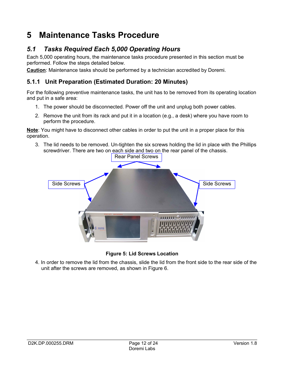 5 maintenance tasks procedure, 1 tasks required each 5,000 operating hours | Doremi DCP-2000 User Manual | Page 12 / 24