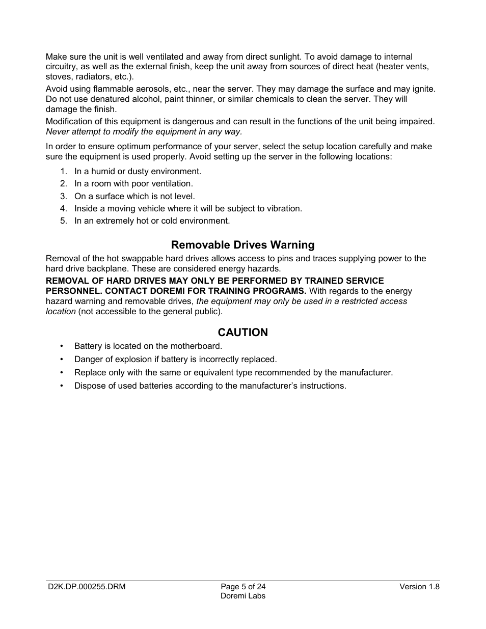 Removable drives warning, Caution | Doremi DCP-2000 User Manual | Page 5 / 24