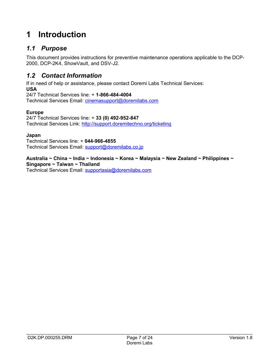 1 introduction, 1 purpose, 2 contact information | Doremi DCP-2000 User Manual | Page 7 / 24