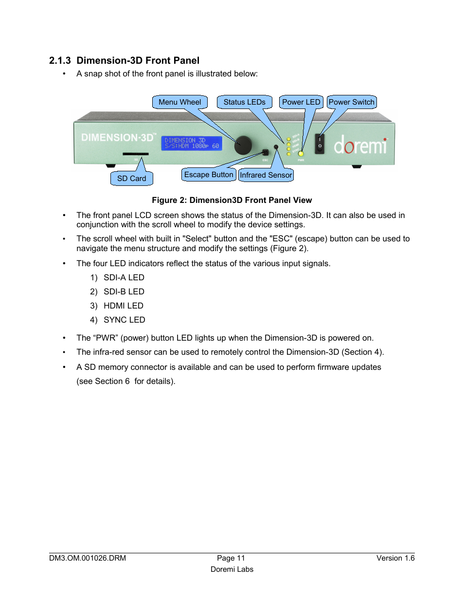 3 dimension-3d front panel | Doremi Dimension3D User Manual | Page 11 / 49