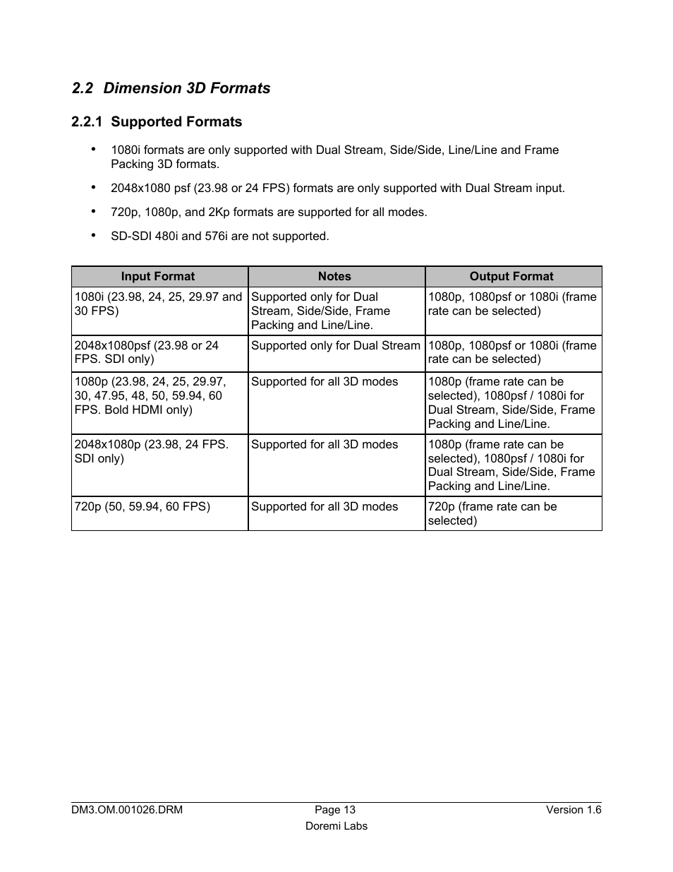 2 dimension 3d formats, 1 supported formats | Doremi Dimension3D User Manual | Page 13 / 49