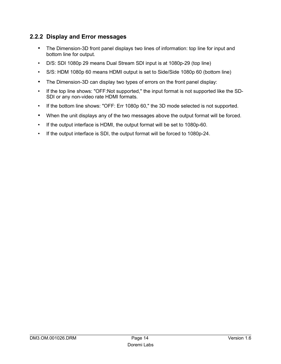 2 display and error messages | Doremi Dimension3D User Manual | Page 14 / 49
