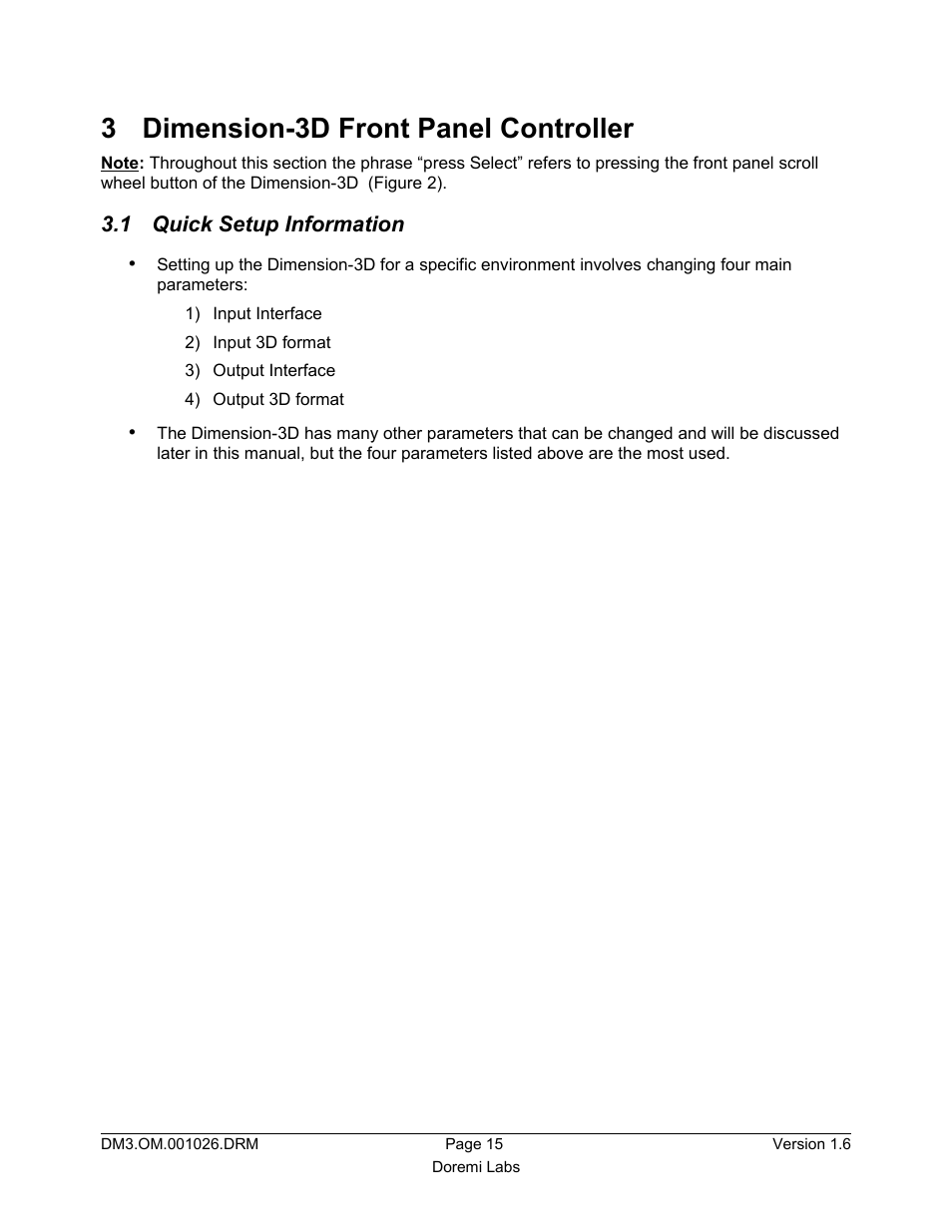 3 dimension-3d front panel controller, 1 quick setup information | Doremi Dimension3D User Manual | Page 15 / 49