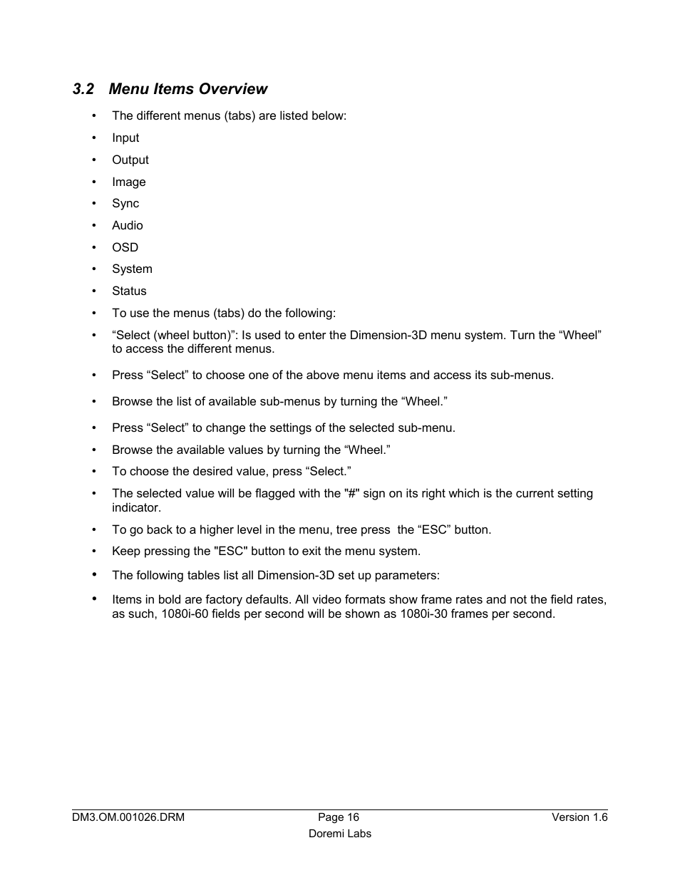 2 menu items overview | Doremi Dimension3D User Manual | Page 16 / 49