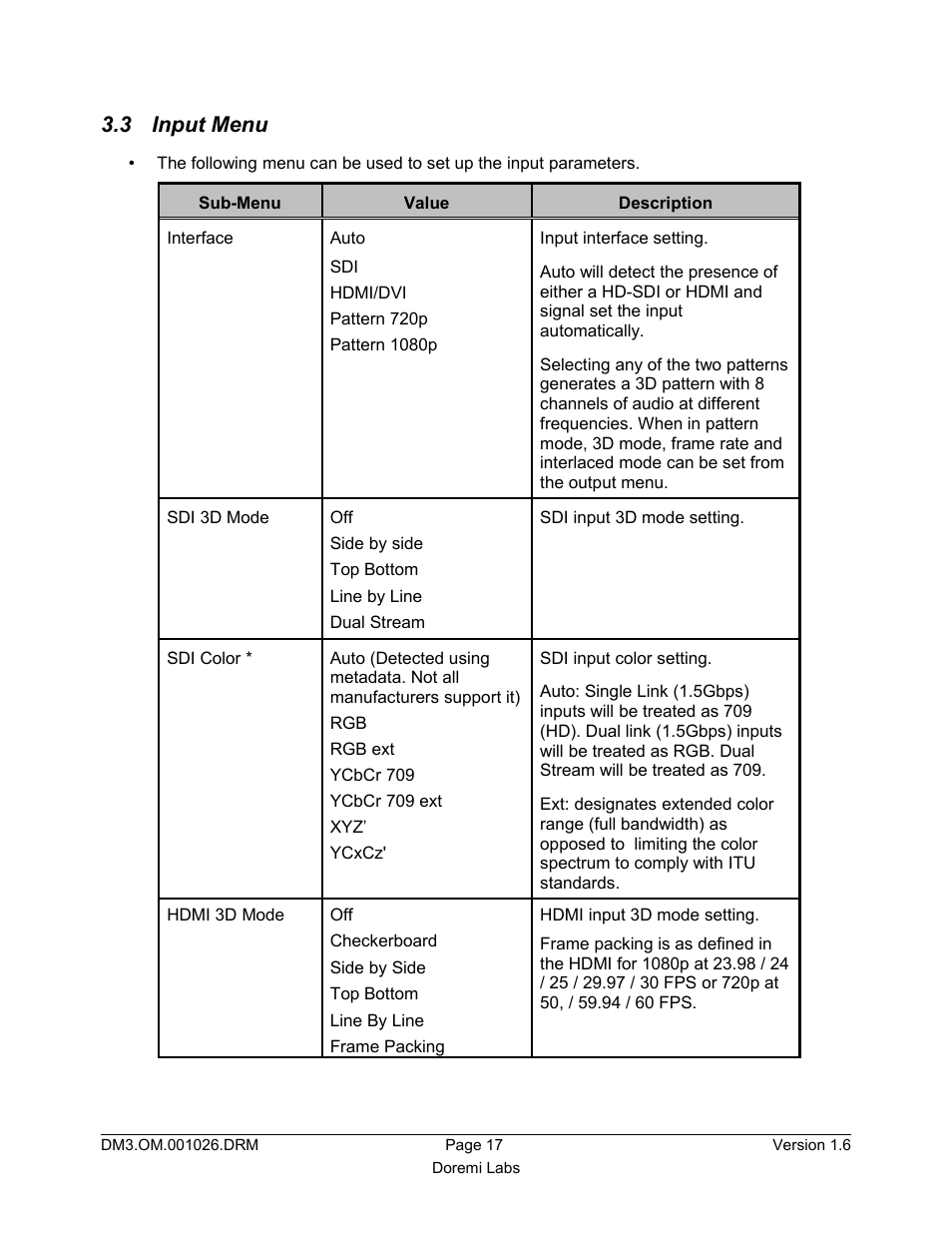 3 input menu | Doremi Dimension3D User Manual | Page 17 / 49