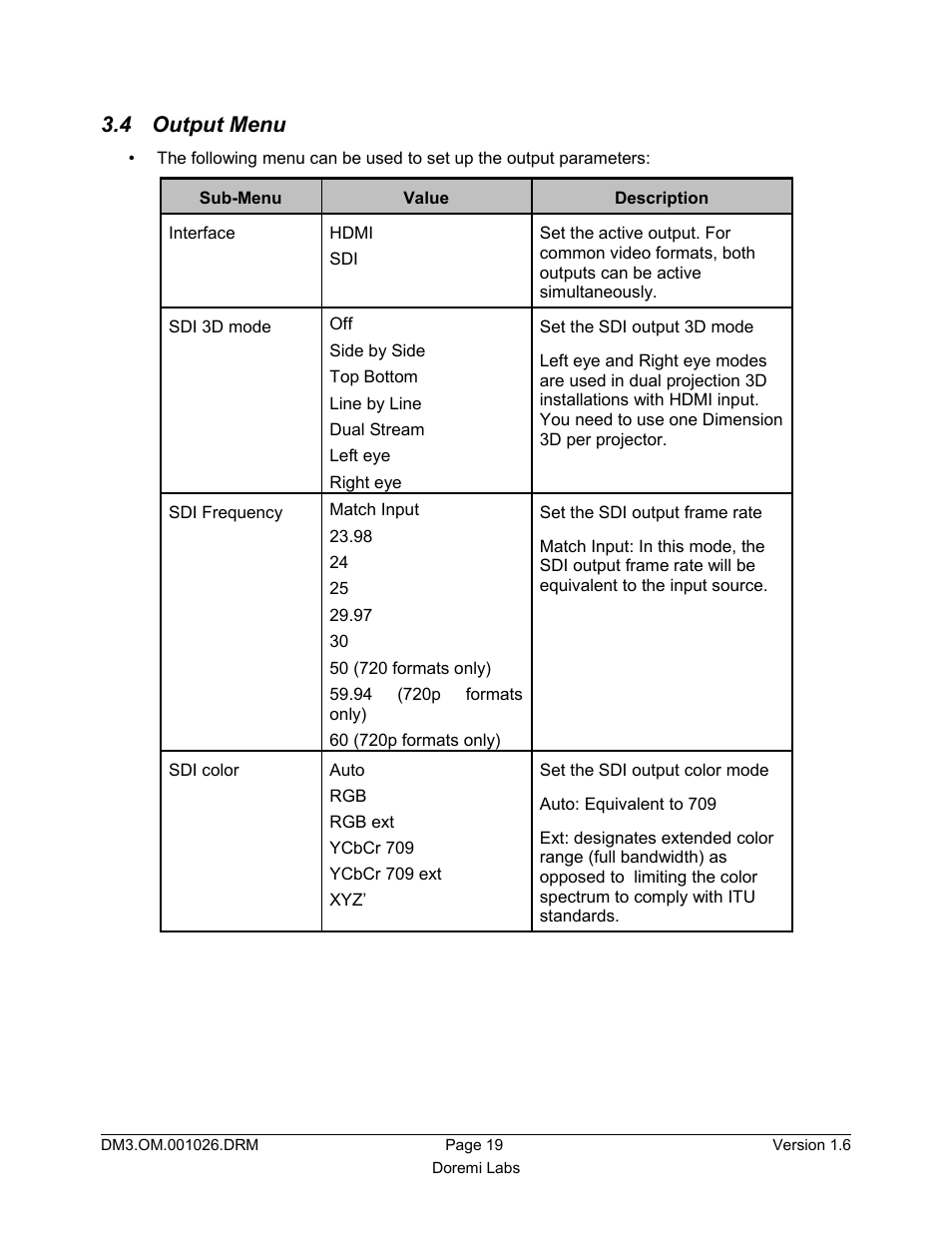 4 output menu | Doremi Dimension3D User Manual | Page 19 / 49