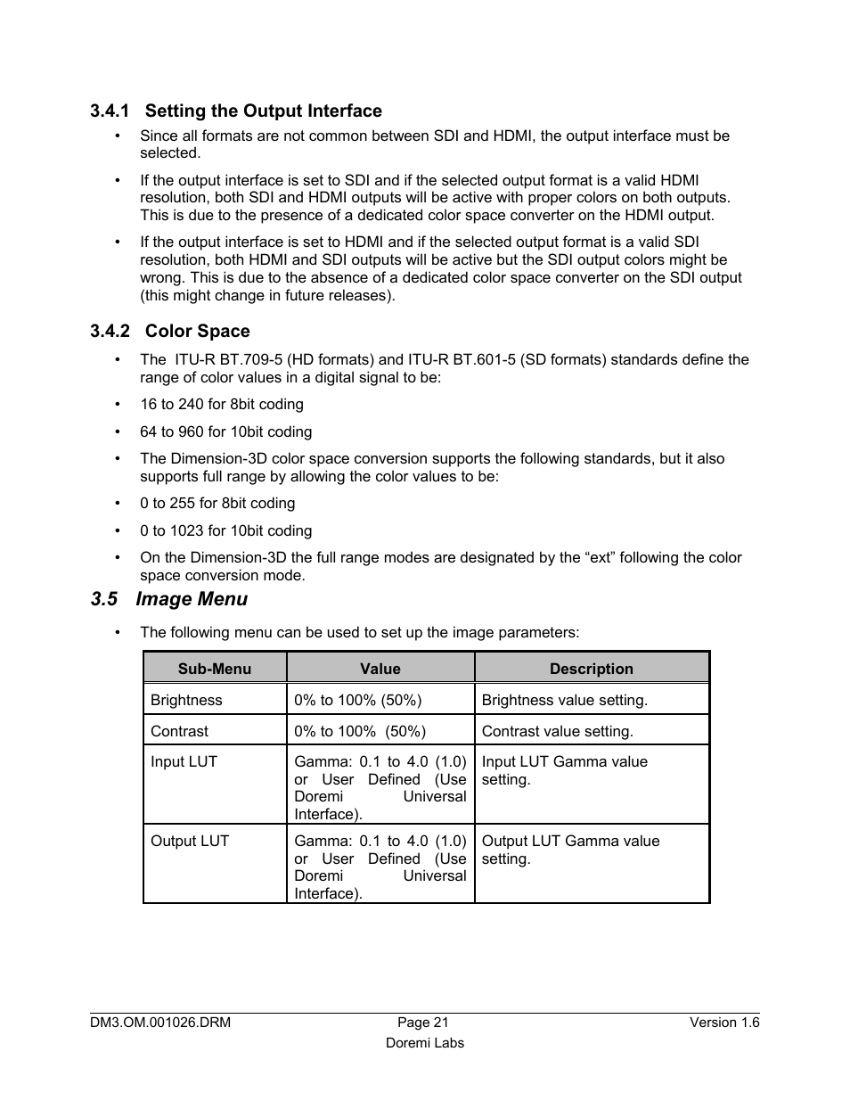 1 setting the output interface, 2 color space, 5 image menu | Doremi Dimension3D User Manual | Page 21 / 49