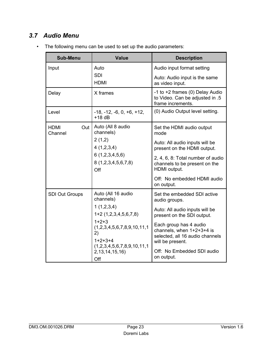 7 audio menu | Doremi Dimension3D User Manual | Page 23 / 49
