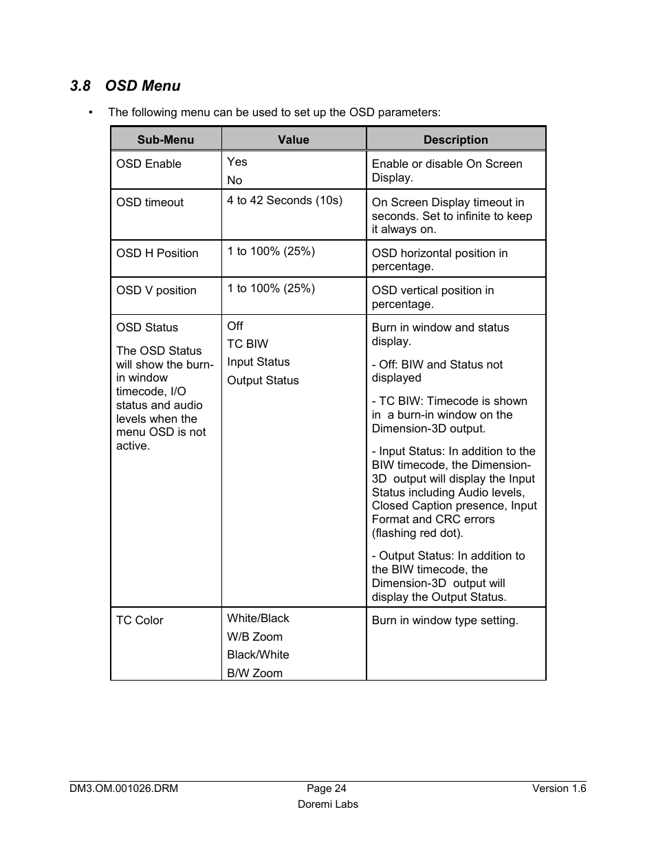 8 osd menu | Doremi Dimension3D User Manual | Page 24 / 49