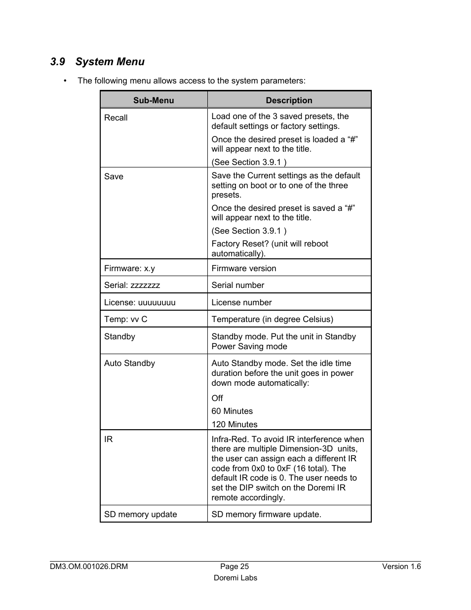 9 system menu | Doremi Dimension3D User Manual | Page 25 / 49