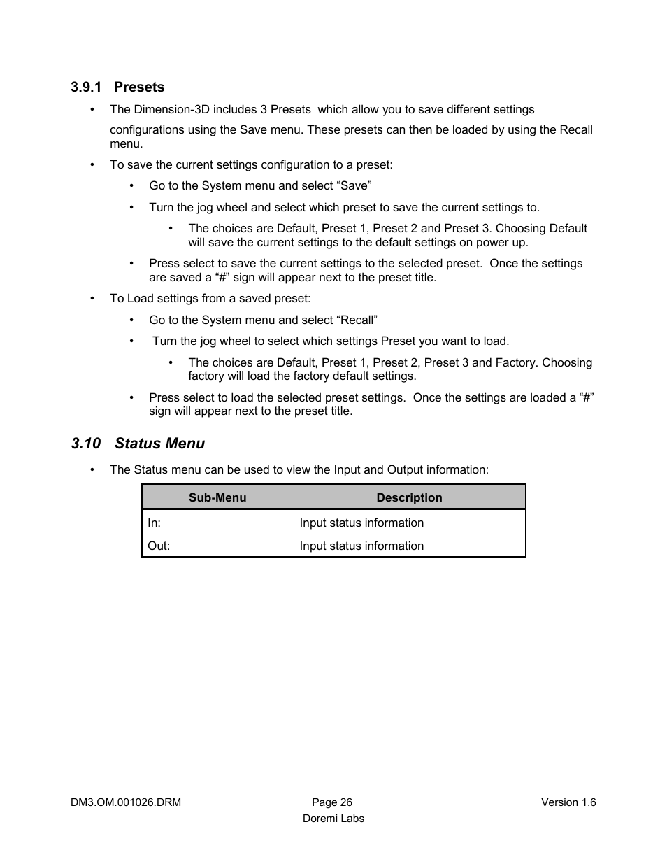 1 presets, 10 status menu | Doremi Dimension3D User Manual | Page 26 / 49