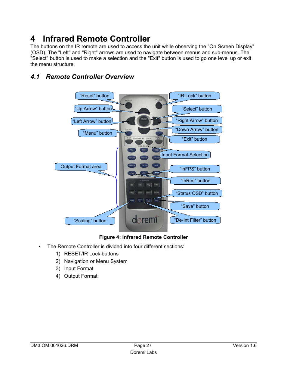 4 infrared remote controller, 1 remote controller overview | Doremi Dimension3D User Manual | Page 27 / 49