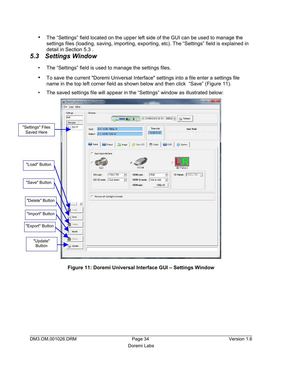 3 settings window | Doremi Dimension3D User Manual | Page 34 / 49