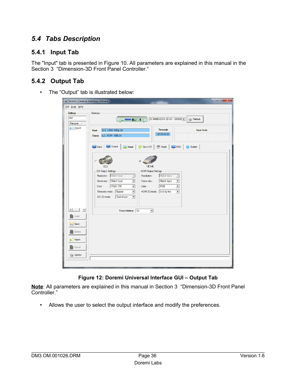 4 tabs description, 1 input tab, 2 output tab | Doremi Dimension3D User Manual | Page 36 / 49