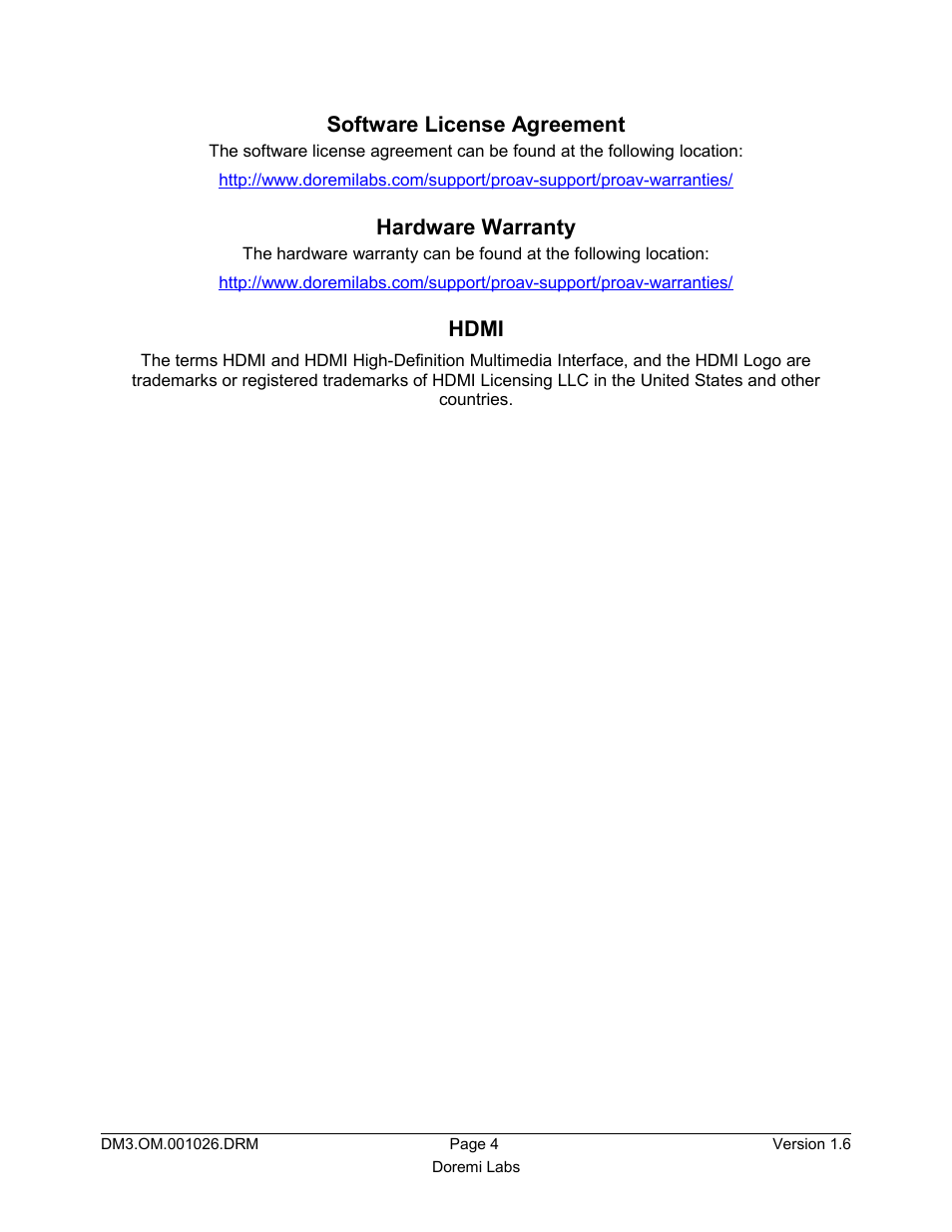 Software license agreement, Hardware warranty, Hdmi | Doremi Dimension3D User Manual | Page 4 / 49