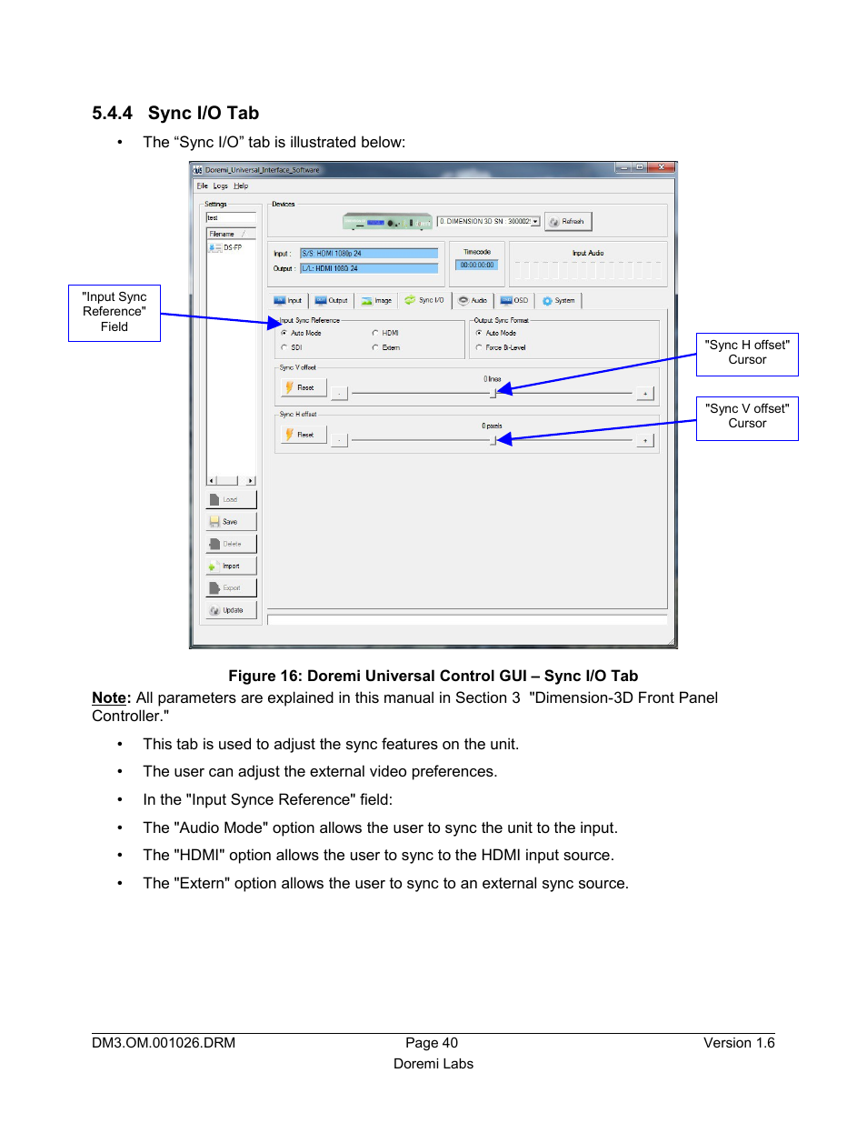 4 sync i/o tab | Doremi Dimension3D User Manual | Page 40 / 49