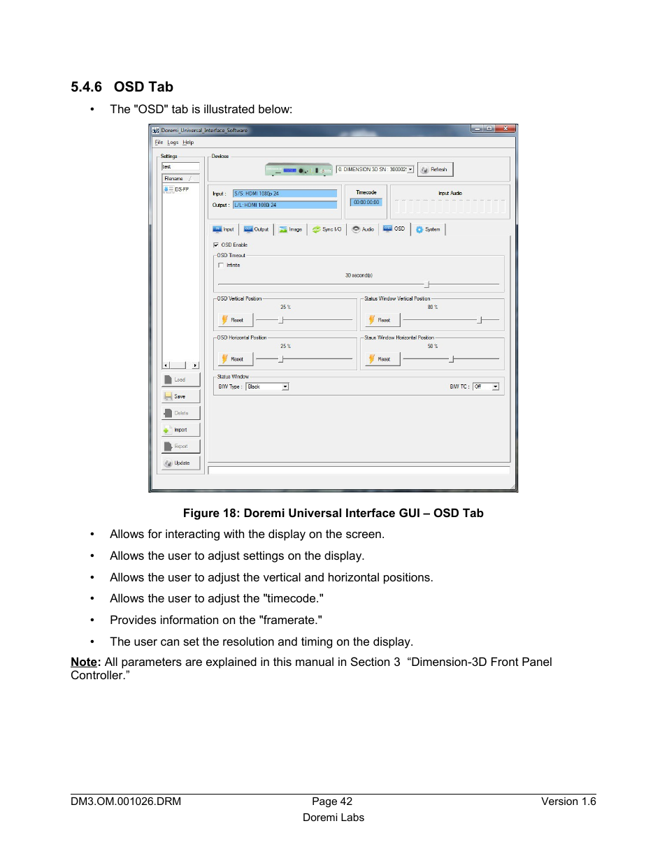 6 osd tab | Doremi Dimension3D User Manual | Page 42 / 49