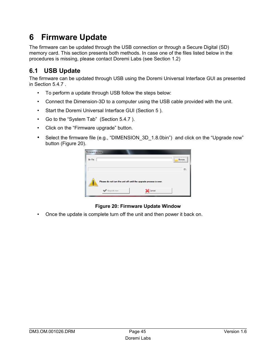 6 firmware update, 1 usb update | Doremi Dimension3D User Manual | Page 45 / 49