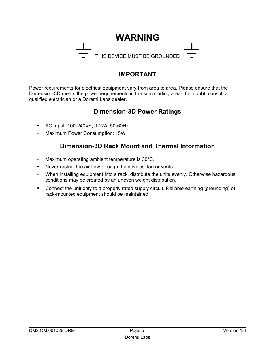 Warning | Doremi Dimension3D User Manual | Page 5 / 49