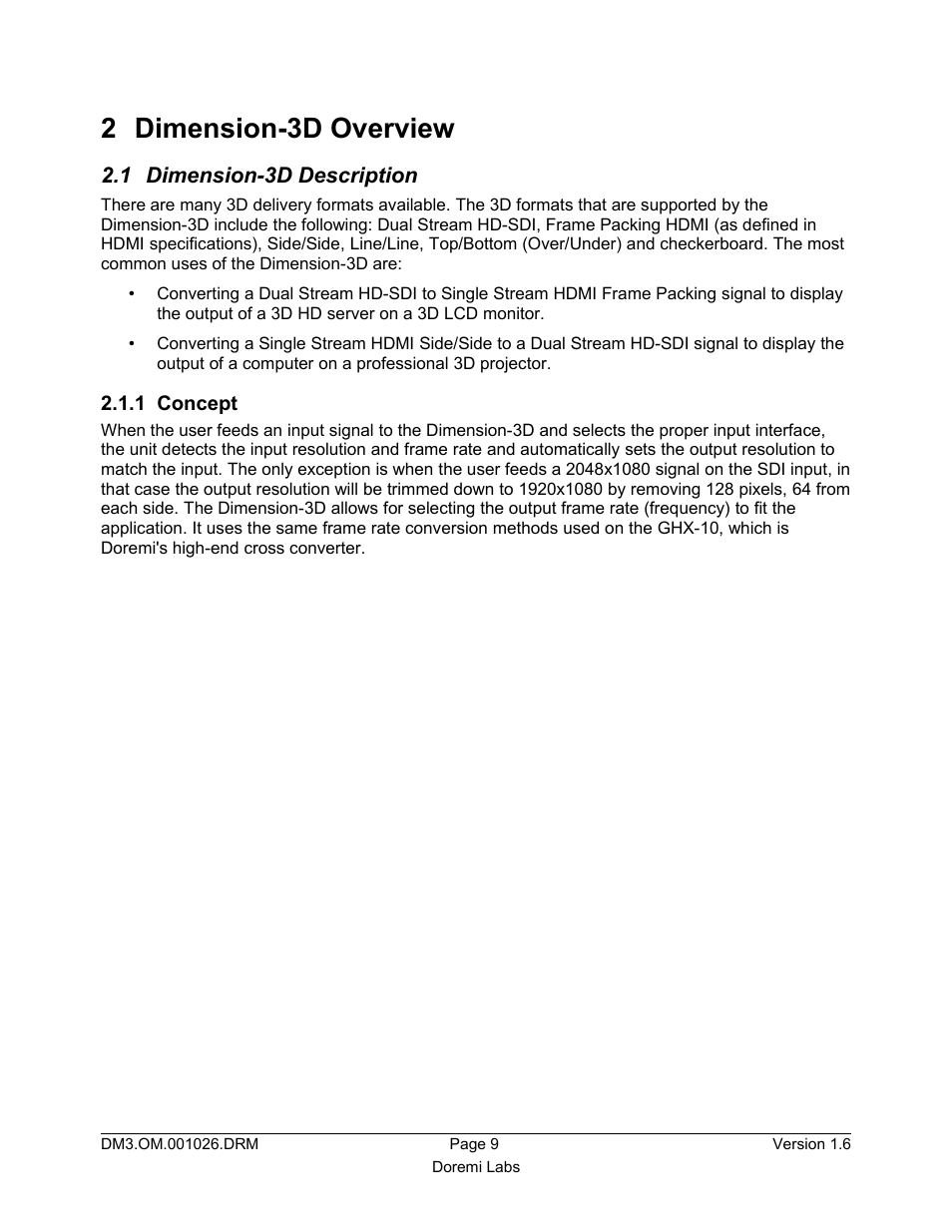 2 dimension-3d overview, 1 dimension-3d description, 1 concept | Doremi Dimension3D User Manual | Page 9 / 49