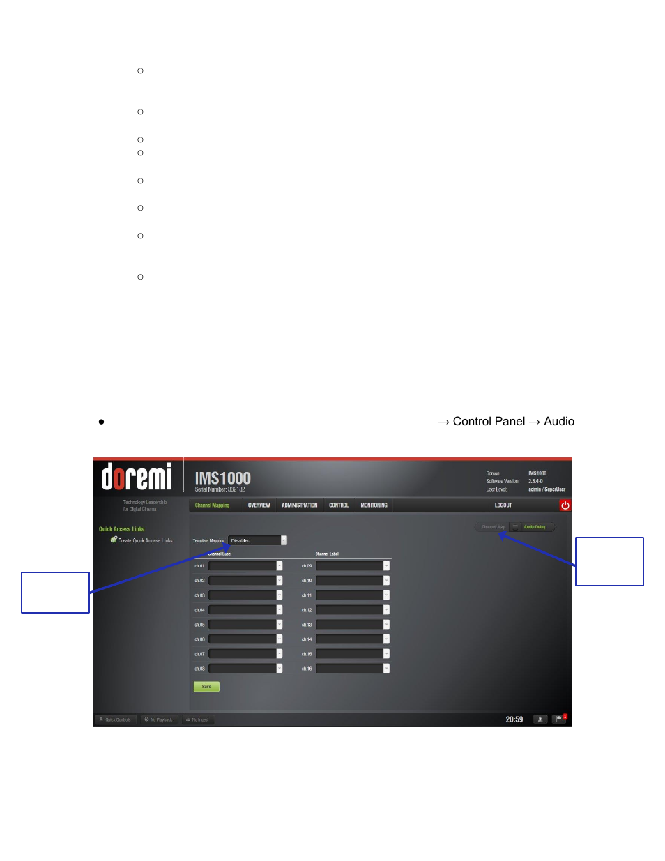 Audio settings/channel mapping, 1 audio settings/channel mapping | Doremi IMS1000 User Manual | Page 103 / 320