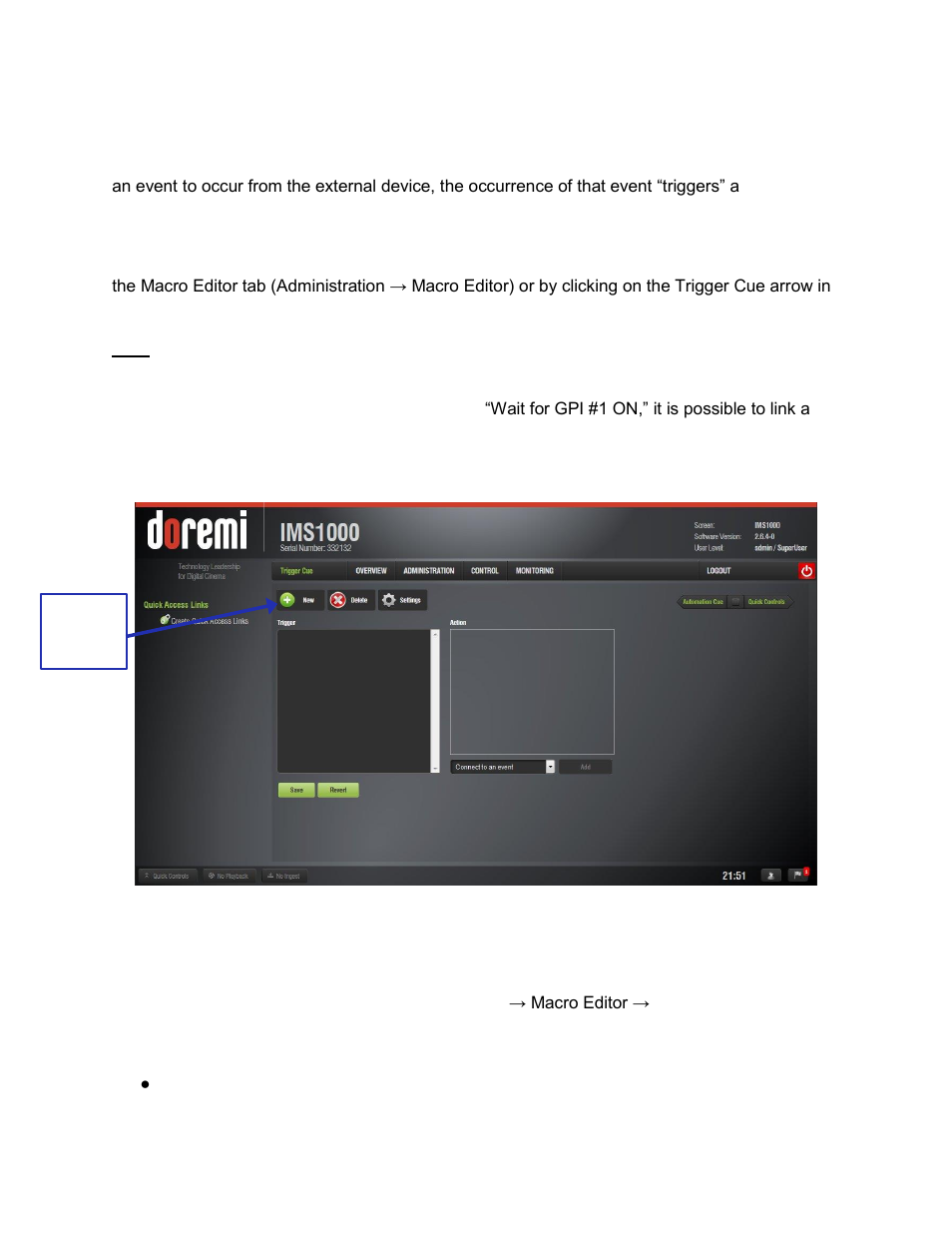 Trigger cue tab, Trigger cue tab overview, Trigger cue creation | 6 trigger cue tab | Doremi IMS1000 User Manual | Page 133 / 320