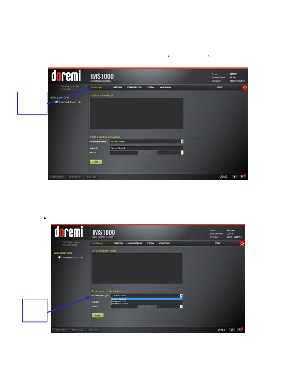 Live manager, Creating a live event, 16 live manager | Doremi IMS1000 User Manual | Page 163 / 320