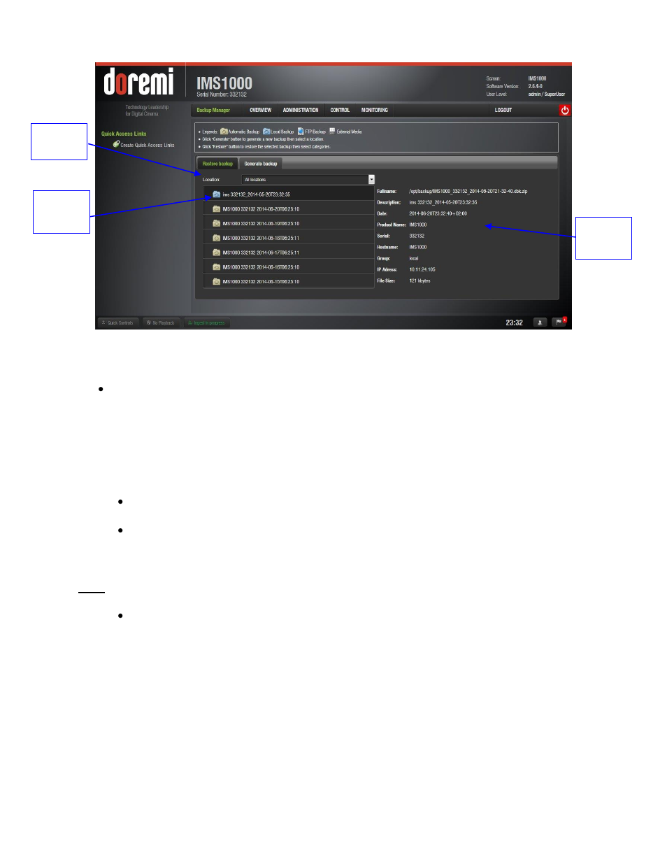 Restoring the system to a previous backup | Doremi IMS1000 User Manual | Page 168 / 320