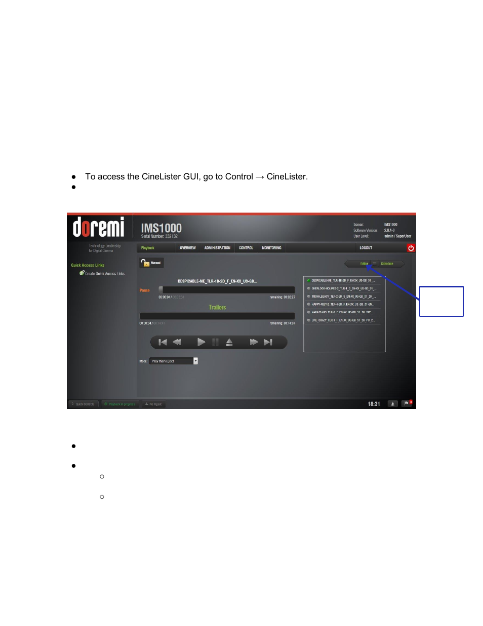 Control tab, Show management using cinelister, Cinelister editor tab | N 13, 13 control tab | Doremi IMS1000 User Manual | Page 186 / 320