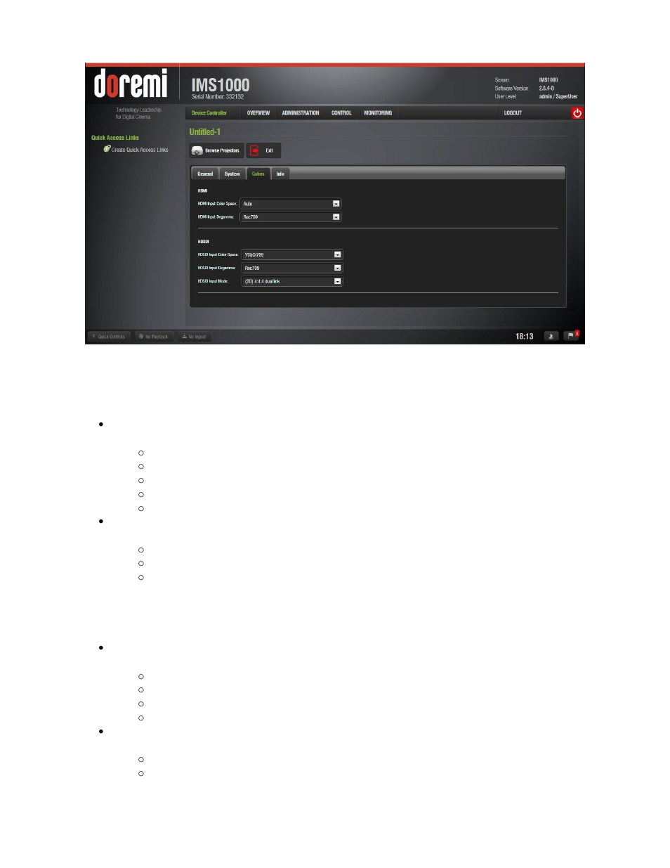 Hdmi color space settings, Hdsdi color space settings, Figure 312) | Doremi IMS1000 User Manual | Page 249 / 320