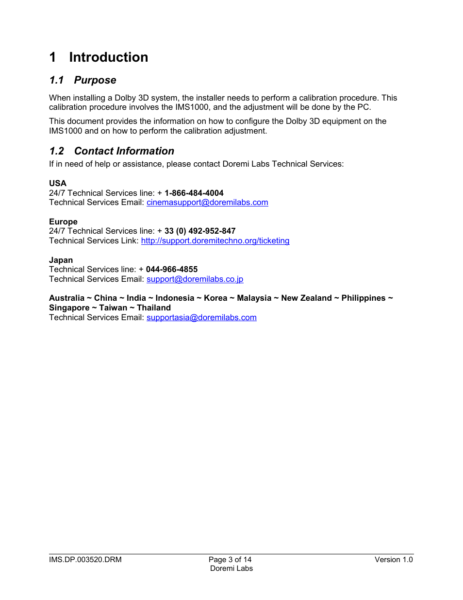 1 introduction, 1 purpose, 2 contact information | Doremi IMS1000 User Manual | Page 3 / 14