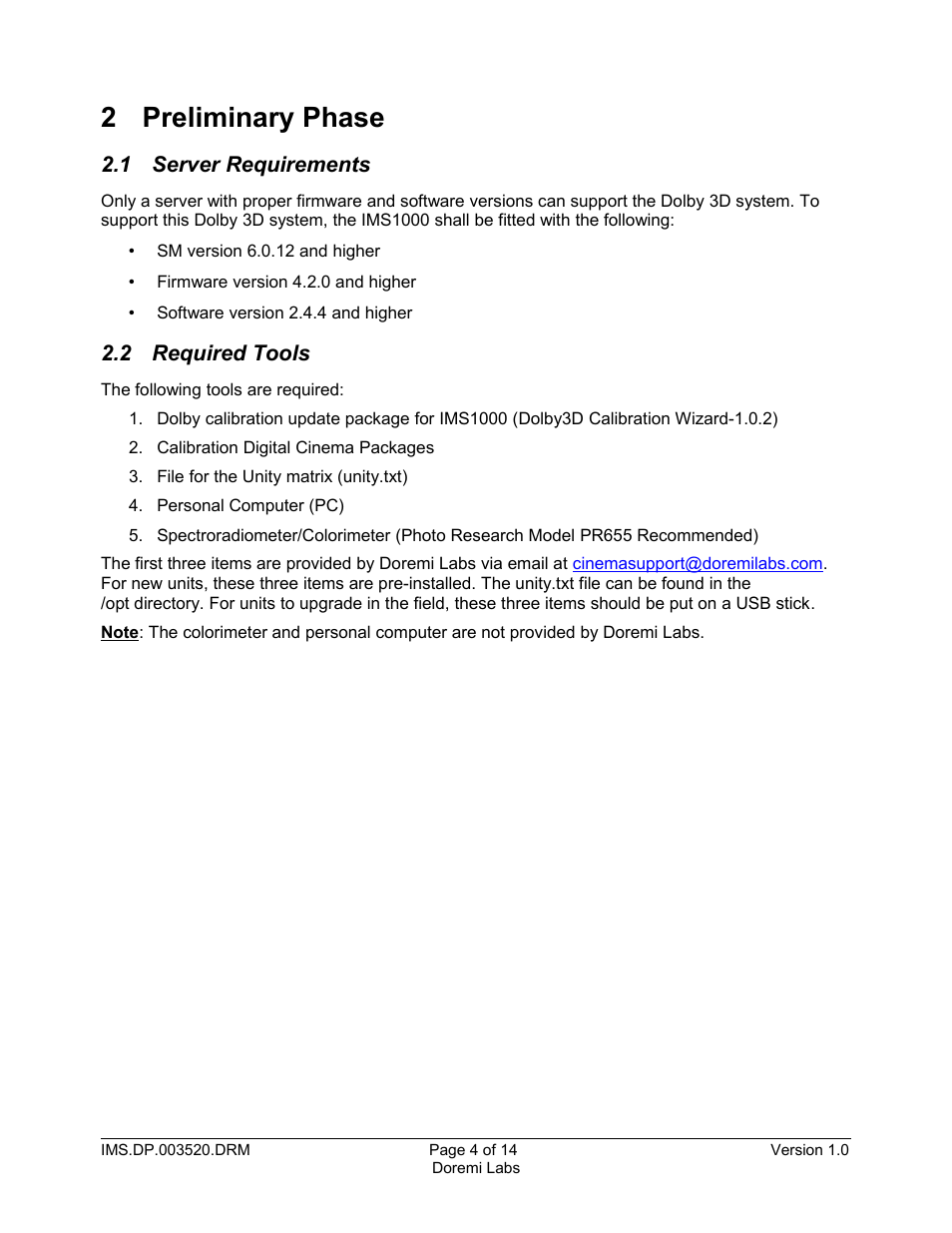 2 preliminary phase, 1 server requirements, 2 required tools | Doremi IMS1000 User Manual | Page 4 / 14