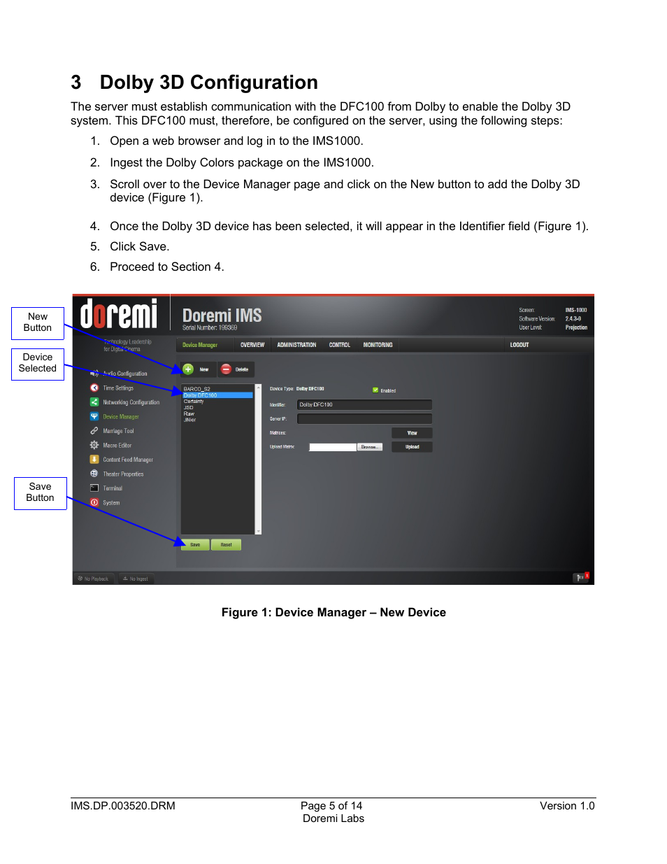3 dolby 3d configuration | Doremi IMS1000 User Manual | Page 5 / 14