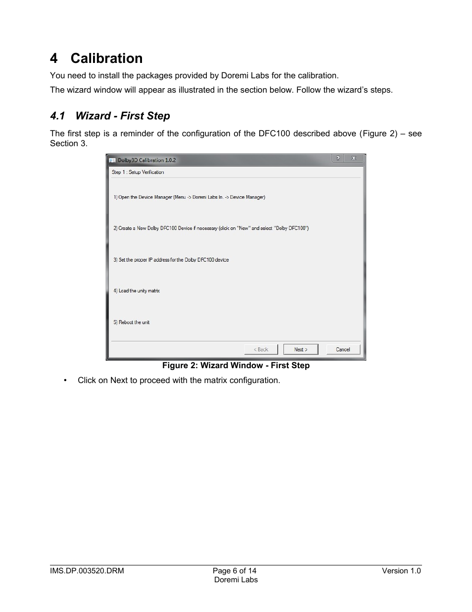 4 calibration, 1 wizard - first step | Doremi IMS1000 User Manual | Page 6 / 14