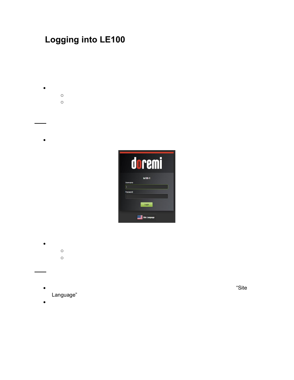 Logging into le100, Logging into the le100 via web gui, 4logging into le100 | Doremi LE100 User Manual | Page 12 / 52