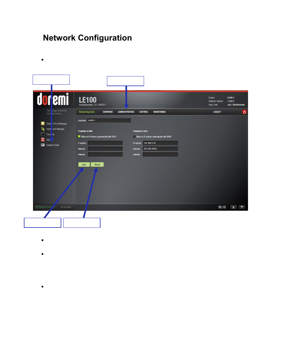 Network configuration, Network configuration via web gui, Adding or removing ntp servers | 5network configuration, 1 network configuration via web gui | Doremi LE100 User Manual | Page 16 / 52