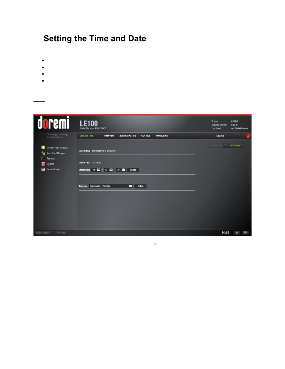 Setting the time and date, Setting the time and date via web gui, 6setting the time and date | 1 setting the time and date via web gui | Doremi LE100 User Manual | Page 21 / 52