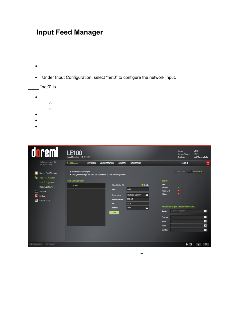 Input feed manager, Network input configuration, 7input feed manager | Doremi LE100 User Manual | Page 22 / 52