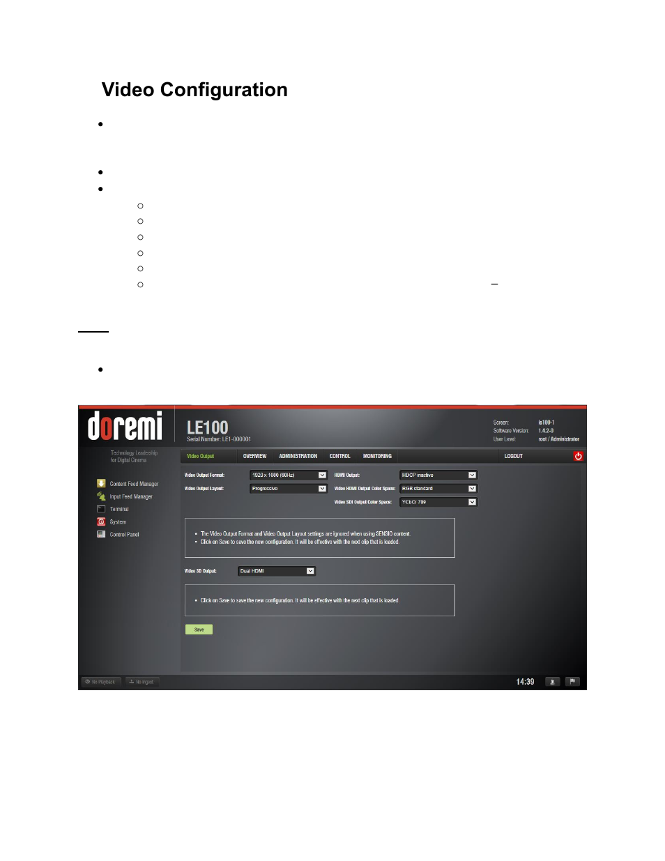 Video configuration, 9video configuration | Doremi LE100 User Manual | Page 27 / 52