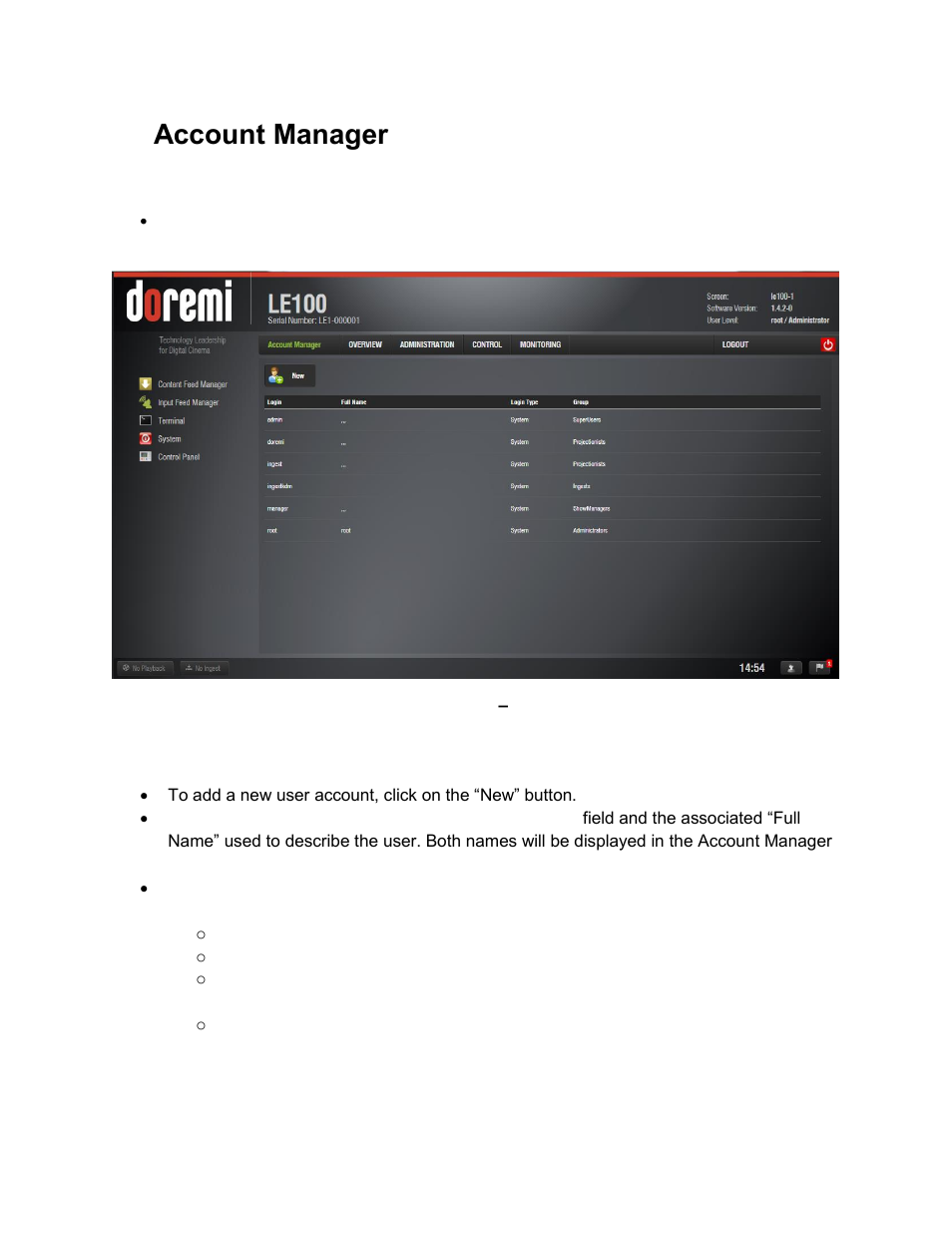 Account manager, Adding a new user account, 11 account manager | 1 adding a new user account | Doremi LE100 User Manual | Page 29 / 52