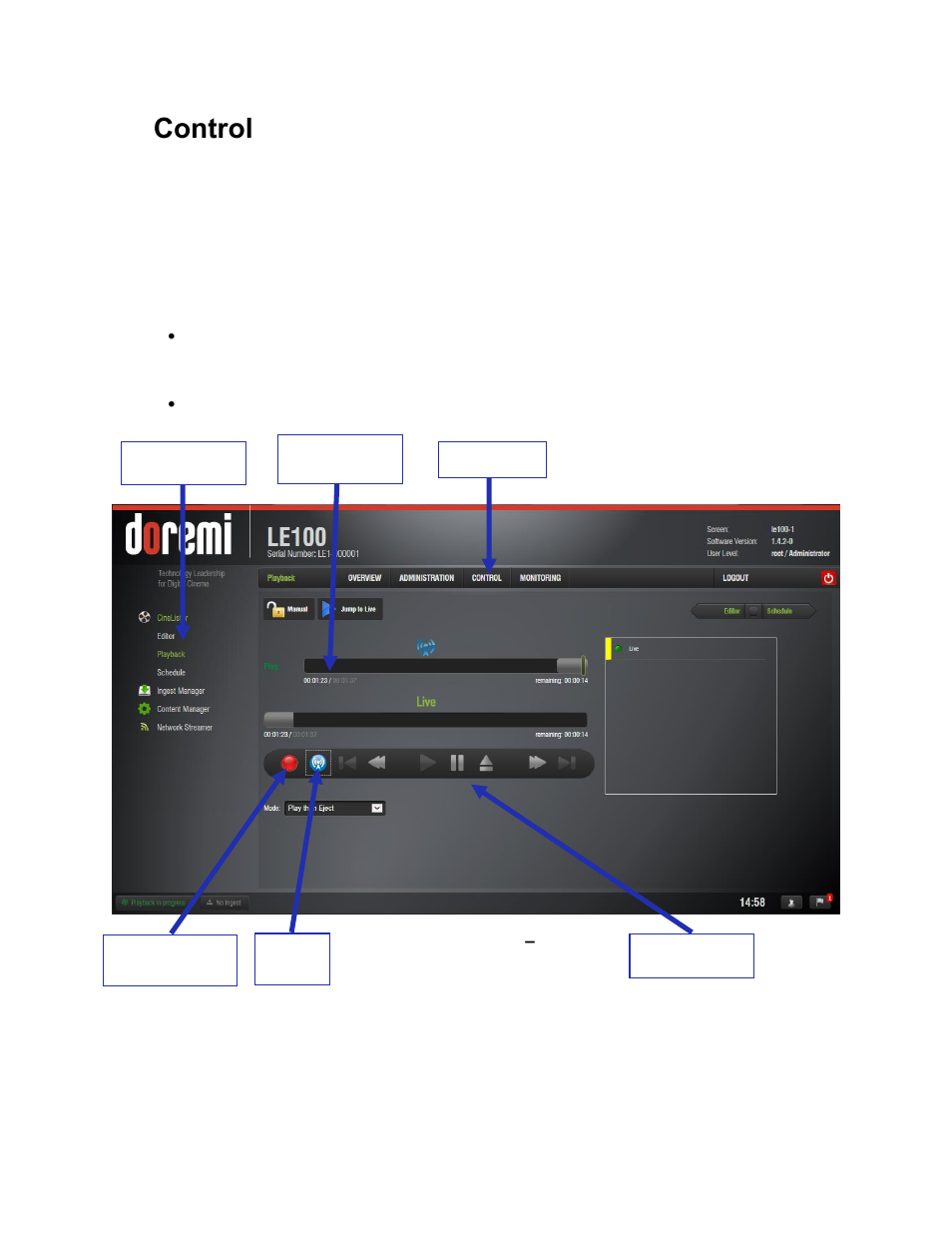 Control, Cinelister playback, 12 control | 1 cinelister playback | Doremi LE100 User Manual | Page 31 / 52