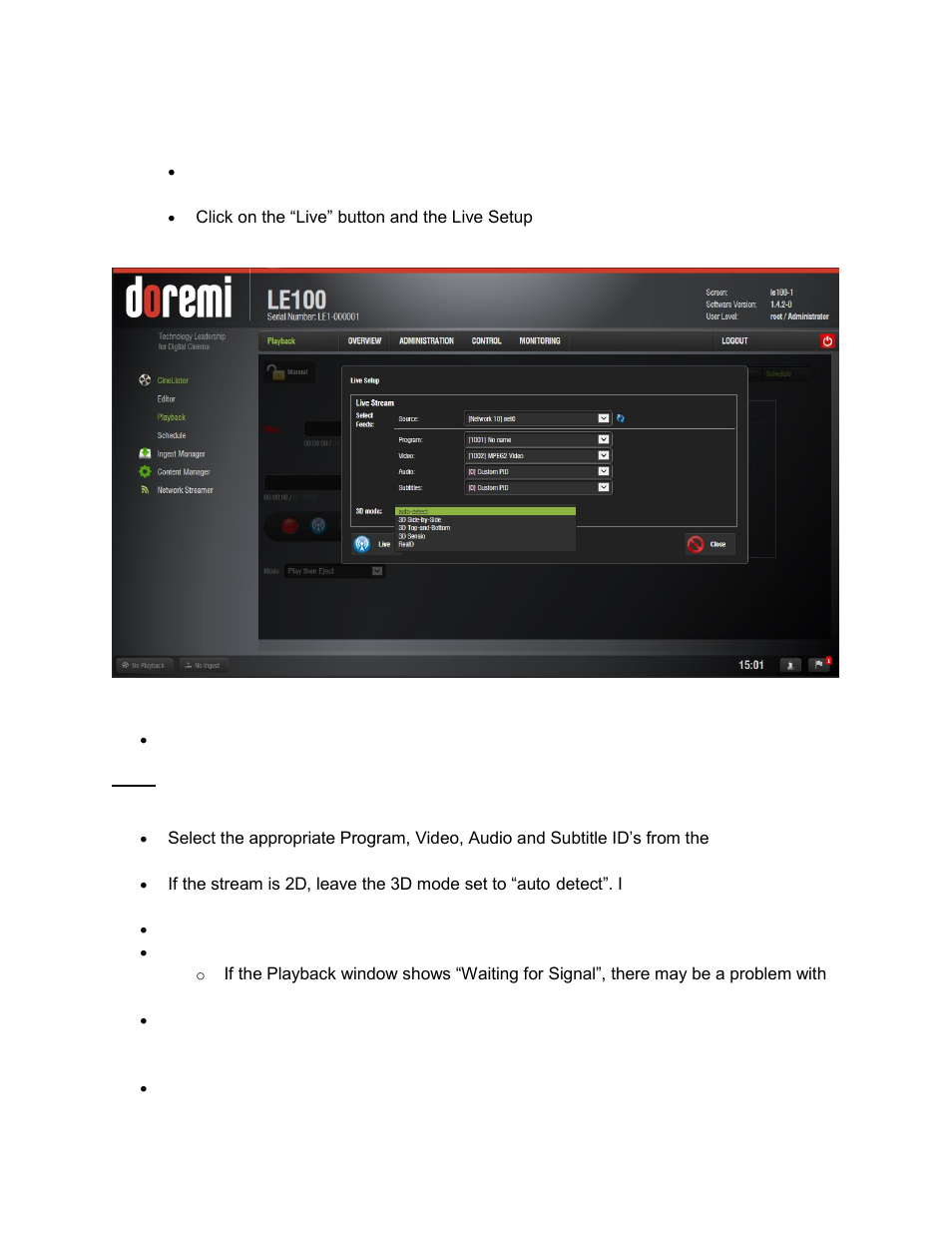 Playing a live stream, 1 playing a live stream | Doremi LE100 User Manual | Page 32 / 52