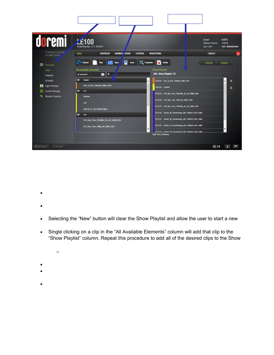 Creating a playlist, 2 creating a playlist | Doremi LE100 User Manual | Page 36 / 52