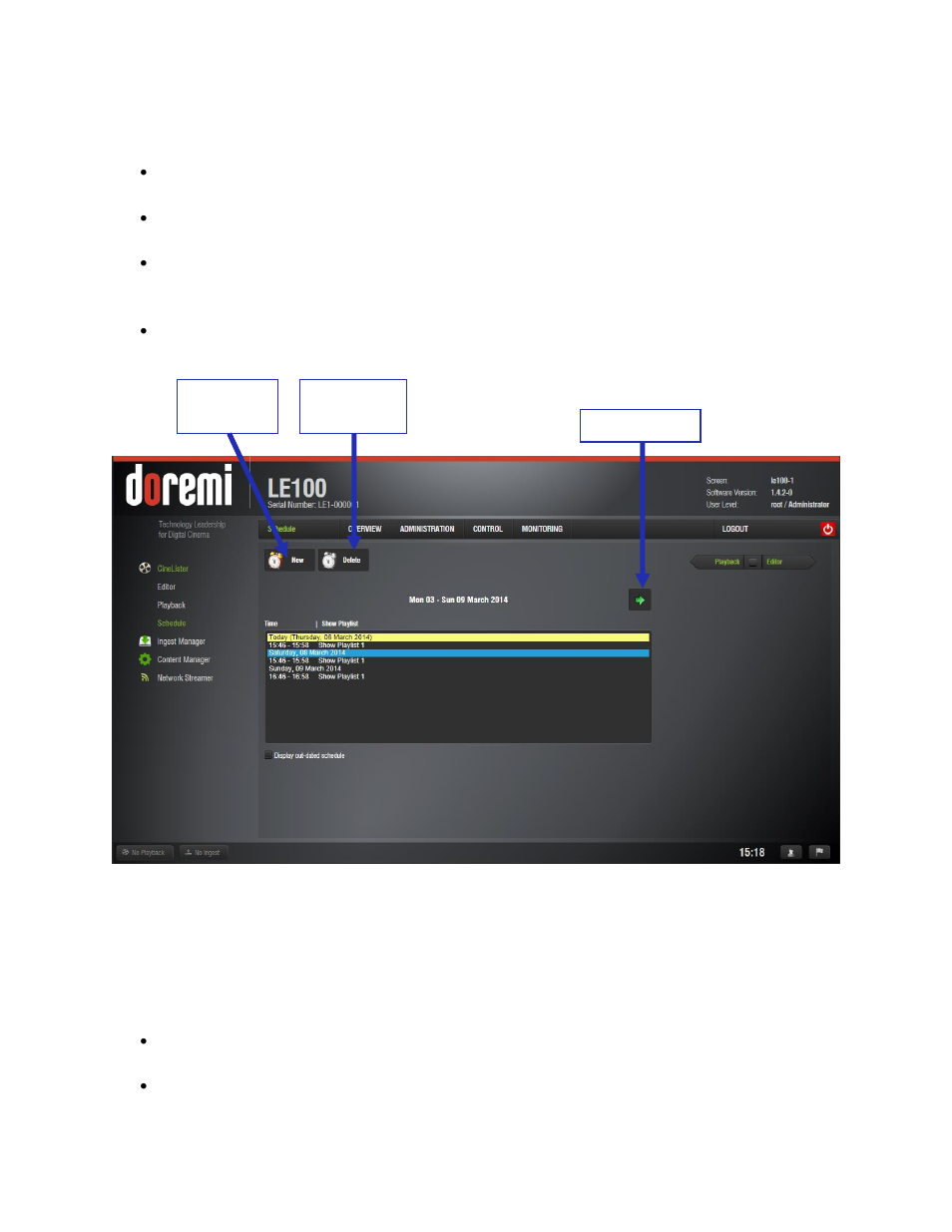 Scheduling playback, Ingest manager, 3 ingest manager | 3 scheduling playback | Doremi LE100 User Manual | Page 38 / 52